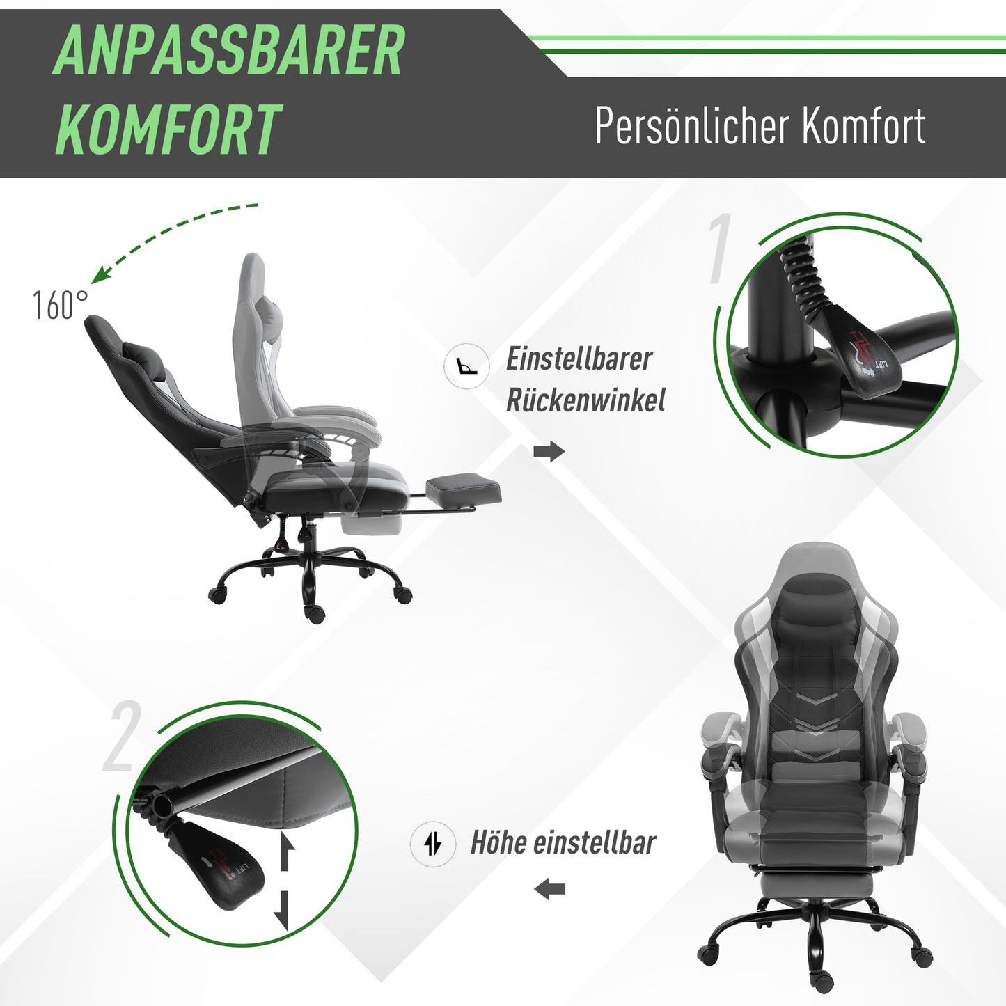 Ergonomische Gamingstoel – Bureaustoel – Draaistoel – Stoel Met Lendensteun – Gamingstoel Met Voetensteun – Verstelbare Rugleuning Tot 160 Graden – Hoogte Verstelbaar 62x52x128 cm – Zwart