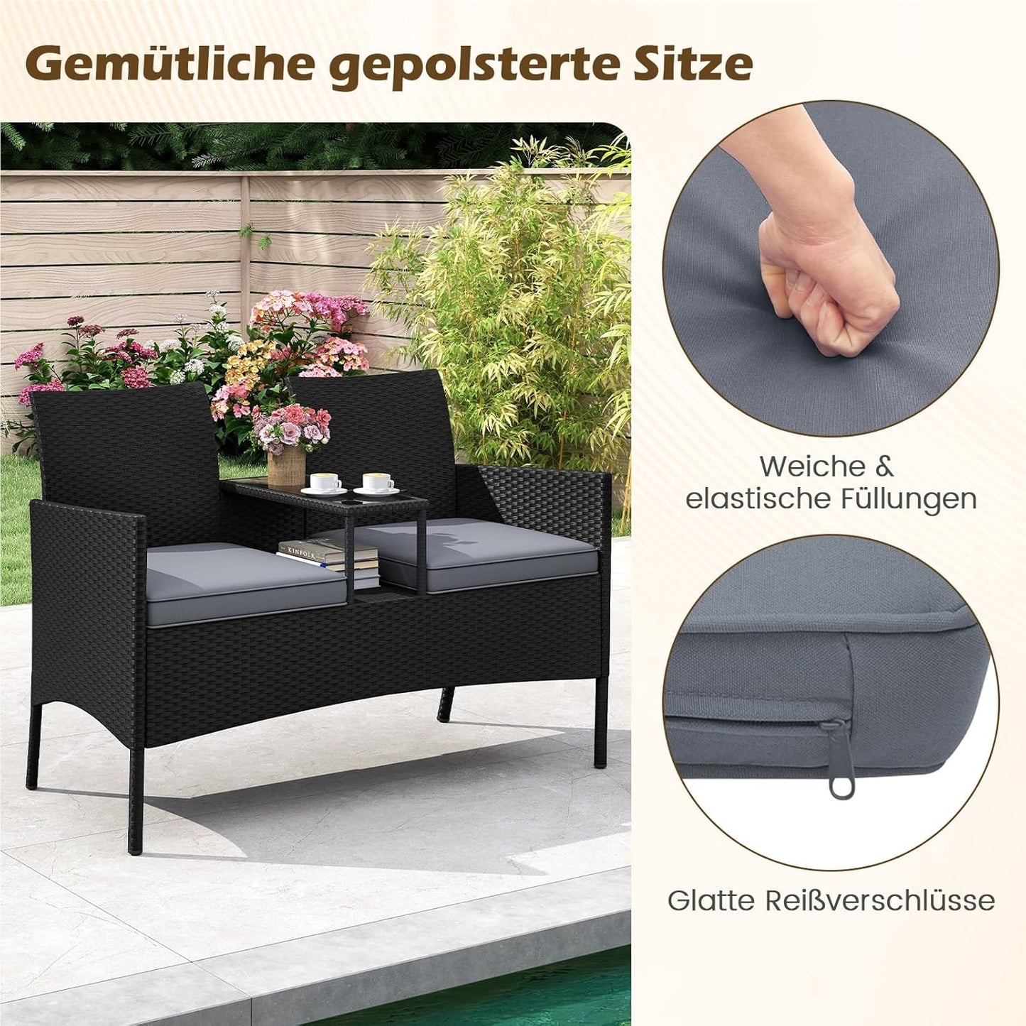 Tuinbank met Tafel – 2-Zits Loungeset – Buitenbank – Terrasmeubilair – Balkonmeubel – Weerbestendig – Met Geïntegreerde Tafel en Comfortabele Kussens – Grijs