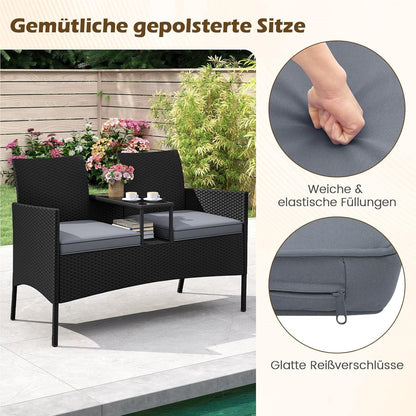 Tuinbank met Tafel – 2-Zits Loungeset – Buitenbank – Terrasmeubilair – Balkonmeubel – Weerbestendig – Met Geïntegreerde Tafel en Comfortabele Kussens – Grijs