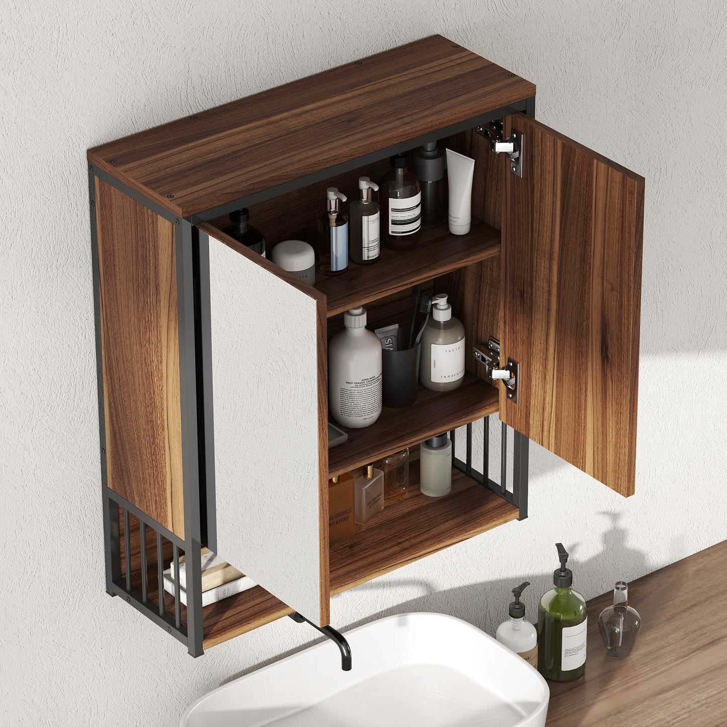 Hangend Spiegelkastje Badkamer – Badkamerkastje – Spiegelkast – Wandkastje – Opbergkast – Zachte Sluiting – 25x40,5 cm Spiegel – MDF Bruin