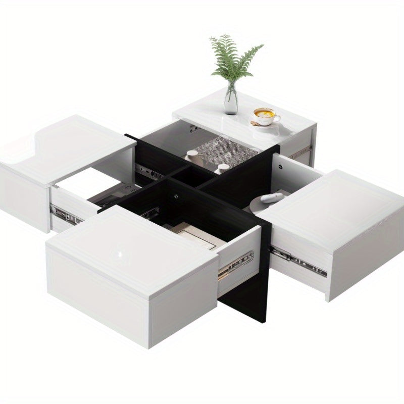 Salontafel – Woonkamertafel – Koffietafel – Tafel – Bijzettafel – Hoogglans Zwart – Vierkant 70x70x35 cm – 4 Opbergladen – Max. Belastbaar 30 kg