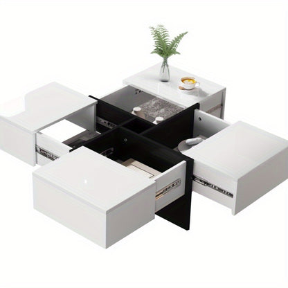 Salontafel – Woonkamertafel – Koffietafel – Tafel – Bijzettafel – Hoogglans Zwart – Vierkant 70x70x35 cm – 4 Opbergladen – Max. Belastbaar 30 kg