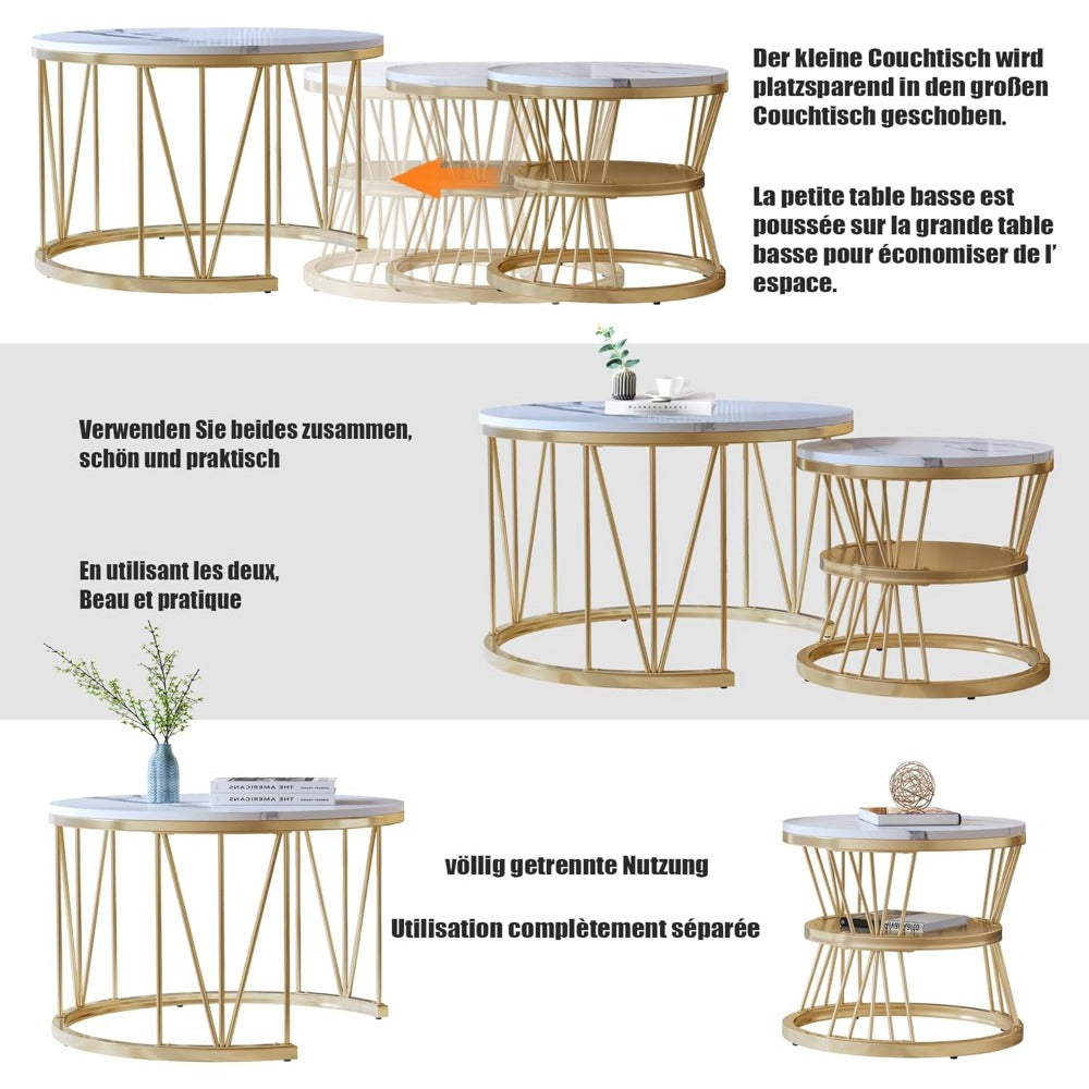 Ronde Koffietafel – Bijzettafel – Salontafel – Tafeltje – Set Van 2 – Gouden Metalen Frame – Wit Marmerlook Tafelblad 70x70x45 cm
