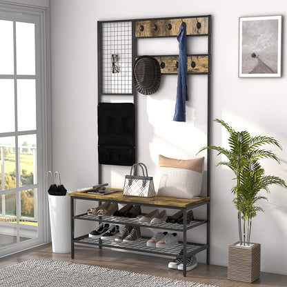 Kapstok – Garderobe – Kledingrek – Wandkapstok – Staande Kapstok – Industrieel Design – 9 Haken – Zitbank Met Schoenenrek – Zwart Bruin – Hout Metaal – 185 cm Hoog