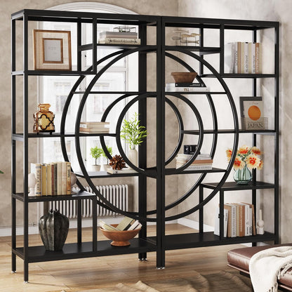 Boekenkast – Boekplank – Boekenrek – Opbergkast – Vakkenkast – Industriële Metalen Frame – 8 Vakken – 179 cm Hoog – Open Geometrisch Design – Zwart/Eikenhouten Planken