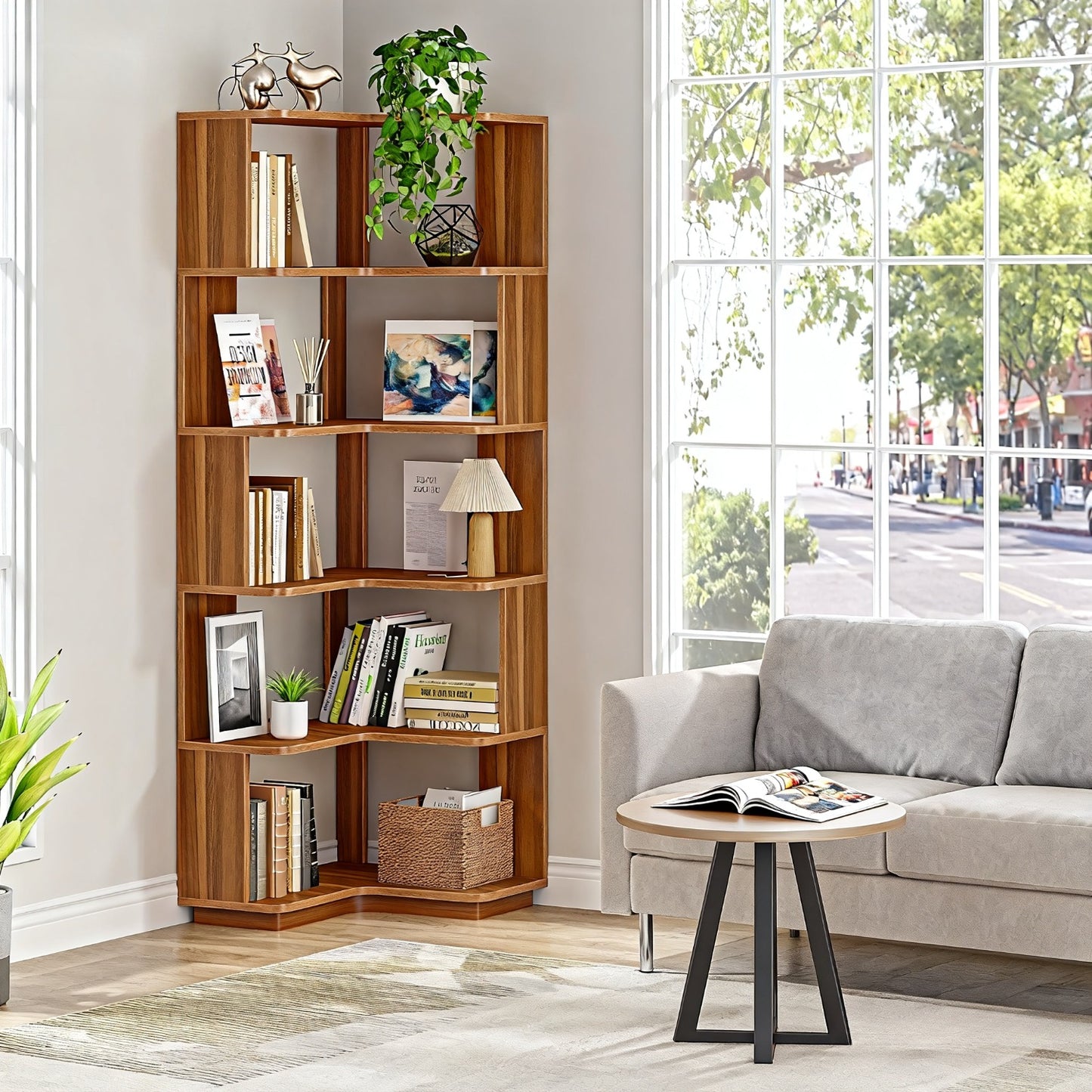 Boekenplank – Boekenrek – Wandplank – Wandrek – Boekenkast – Industrieel Design – 6 Lagen – L-vormig Hoekmeubel – Houten Planken – Anti-Val Panelen – Vrijstaand – Ruimtebesparend