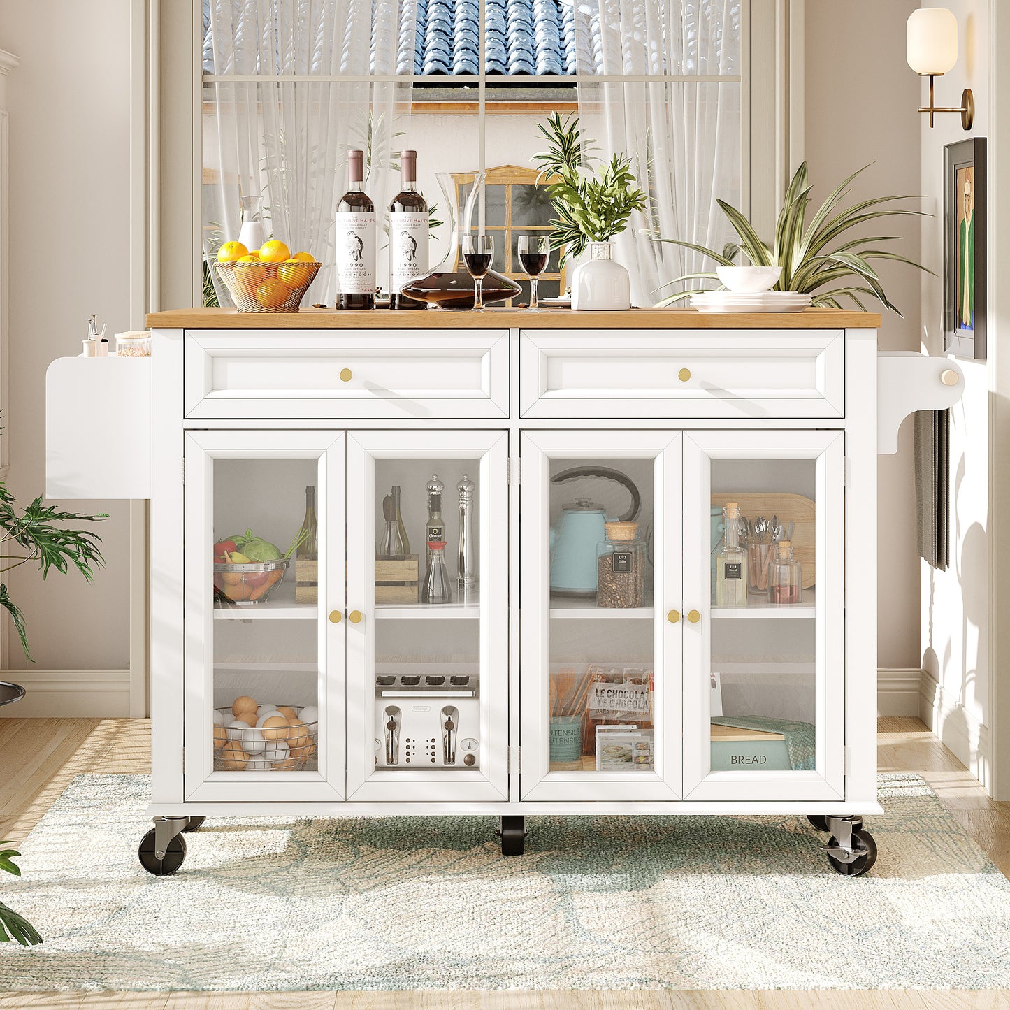 Keukeneiland op Wielen – Serveerwagen – Werktafel – Buffetkast – Opbergmeubel – Wit – Met Glazen Deuren – 5 Zwenkwielen Met Remmen – Verstelbare Planken en Lade