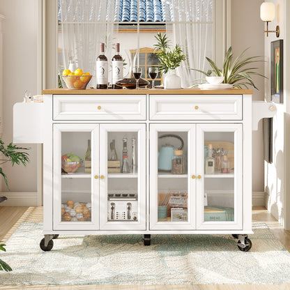 Keukeneiland op Wielen – Serveerwagen – Werktafel – Buffetkast – Opbergmeubel – Wit – Met Glazen Deuren – 5 Zwenkwielen Met Remmen – Verstelbare Planken en Lade
