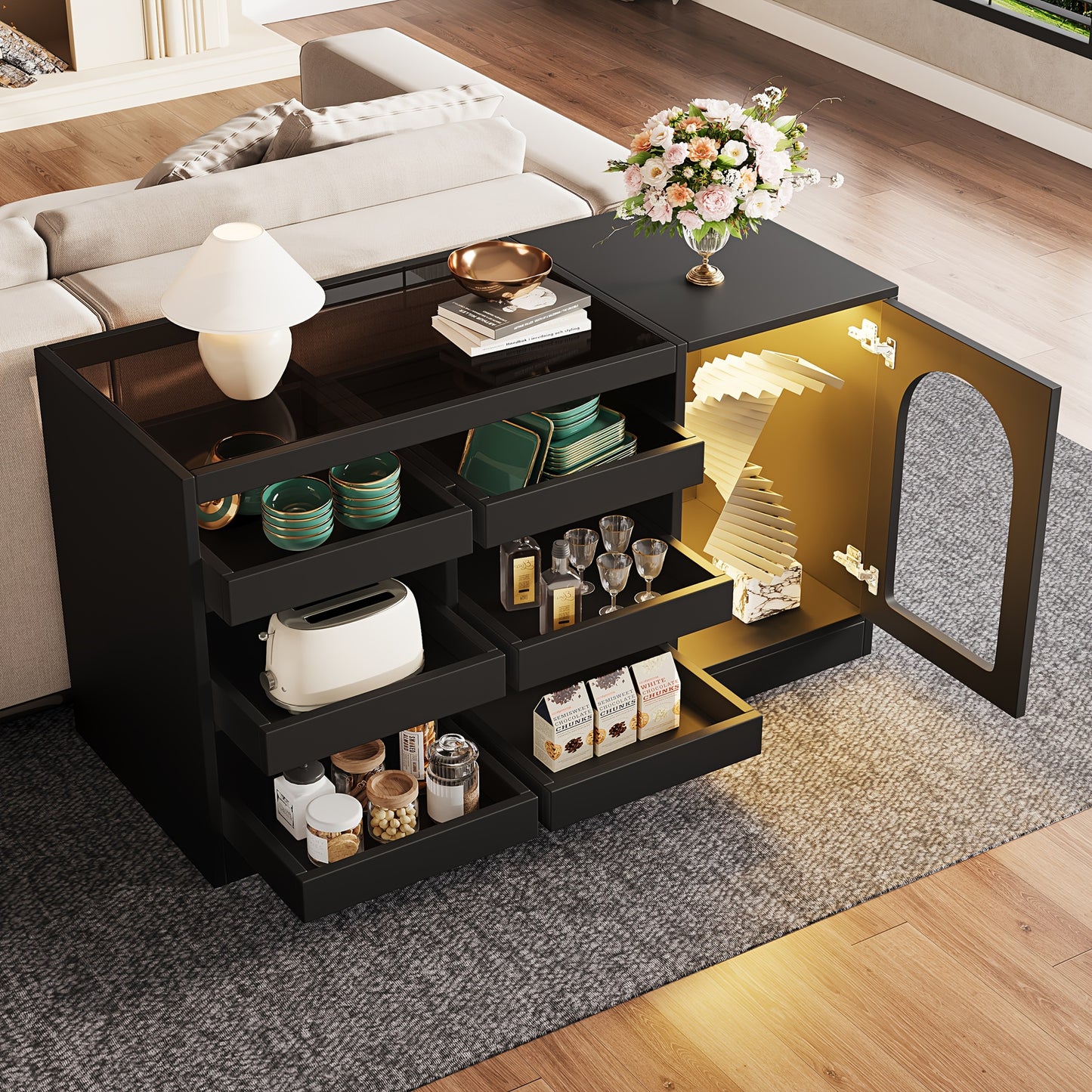 Dressoir – Buffet – Opbergkast – Kast – Meubel – Zwart – 6 Ruime Lades – Uniek Hollow-Deurontwerp