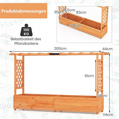 Houten Plantenbak – Verhoogde Bak – Klimrek – Bloembak – Plantenbak Met Dak – Groot Plantvak 200x44x114 cm – Weerbestendig Grenenhout