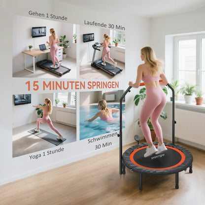 Mini Trampoline – Fitness Trampoline – Jumping Trampoline – Springmat – Trainingsapparaat – Verstelbare Handgreep 99-123 cm – LCD Monitor – Stalen Frame – Zwart/Rood – Ø102 cm