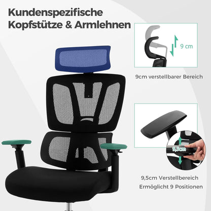 Ergonomische Bureaustoel – Kantoorstoel – Werkstoel – Draaistoel – Bureaustoel Verstelbaar – Lordose Ondersteuning – Verstelbare Hoofdsteun – 160 Kg Draagvermogen