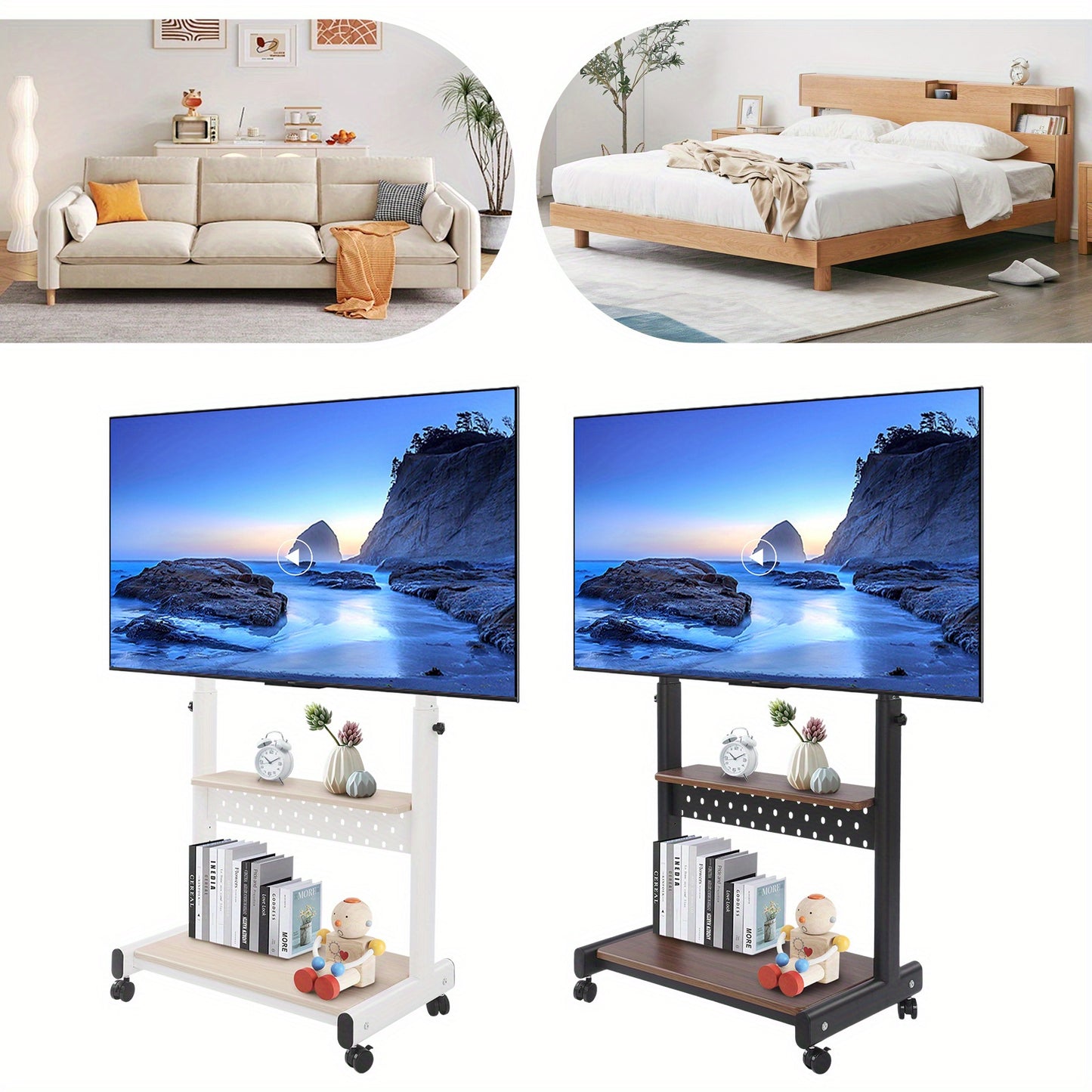 Verstelbare TV-standaard – TV-meubel – TV-houder – TV-onderstel – TV-rack – Zwenkwielen – Verstelbare Hoogte 108,5-128,5 cm – Zwart