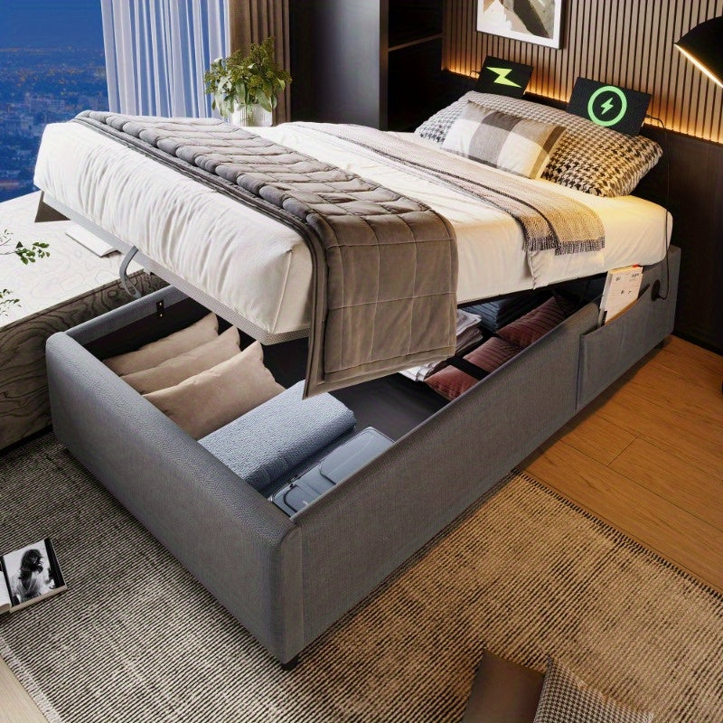 Eenpersoonsbed 90x200 cm – Bedframe – Opbergbed – Stalen Bed – Slatbodem – Stijlvol Modern – Comfortabel Stevig