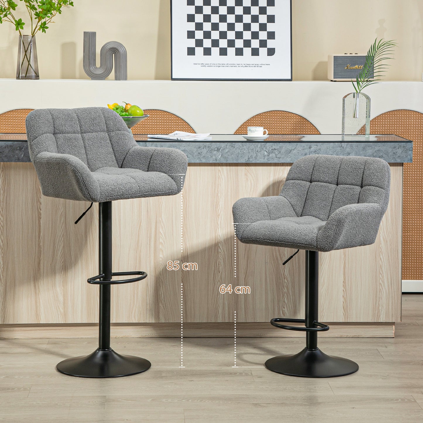 2-delige bartafelstoelenset – barkrukken – barstoelen – barkrukset – verstelbare barkruk – retro design – verstelbare zithoogte 62-85 cm – zachte fleece bekleding – grijs-zwart
