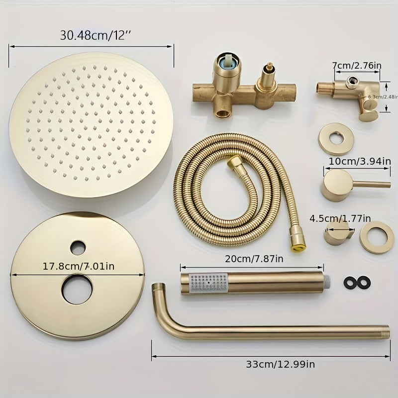 Shower System 30.48 cm Round Rainfall Showerhead Wall Mounted High Pressure Shower Faucet Set Fixture Combo with Cylindrical Handheld Spray, Round Rain Shower Head, Brushed Golden, Bathroom Upgrade, Sleek Bathroom Fixture, Co