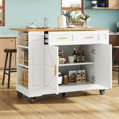 Keukeneiland – Keukentrolley – Eilandkast – Buffetkast – Keukenwerkbank – Wit MDF Met Houtlook Blad – Verstelbaar Tafelblad En Veel Opbergruimte