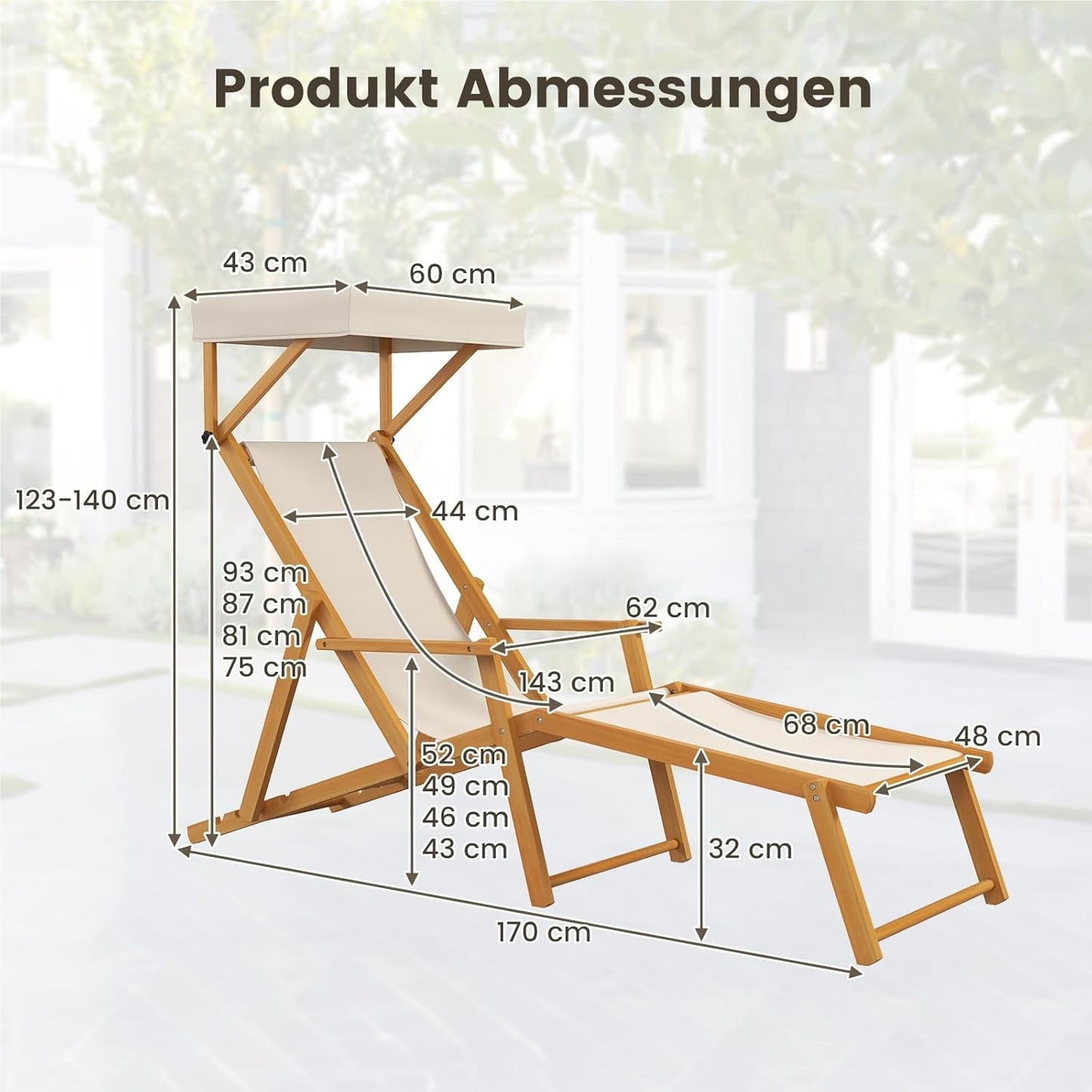Ligstoel – Tuinstoel – Strandstoel – Zonnenligstoel – Lounger – Inklapbaar – Berkenhout – Verstelbare Rugleuning – Zonnescherm – Inclusief Reserveonderdelen – Beige Natural