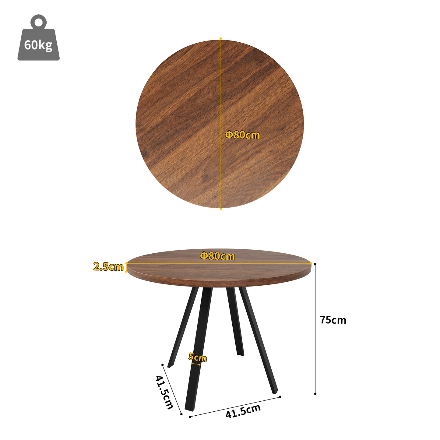 BTM Round Dining Table (80×80×75 Cm) with Wood-Optic And Metal Frame, Modern Round Table for Dining Area, Kitchen And Living Room, Stable Living Room Table in Walnut Color with Black Legs, Space-Saving Round Table for 2-4 P