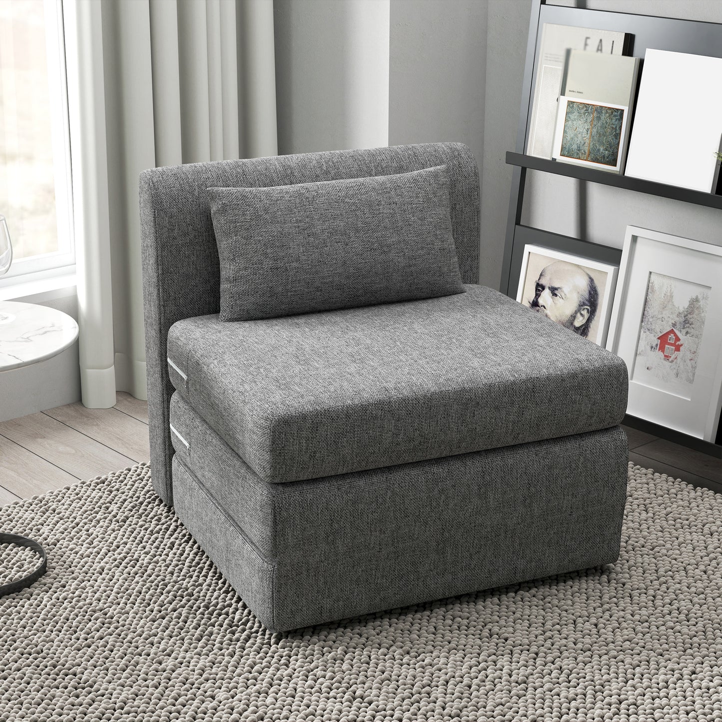 Vloerstoel – Vouwstoel – Slaapbank – Zitzak – Lounger – Multifunctioneel 2-in-1 Ontwerp – Stevige Ondersteuning 240 kg – Grijs Linnenlook
