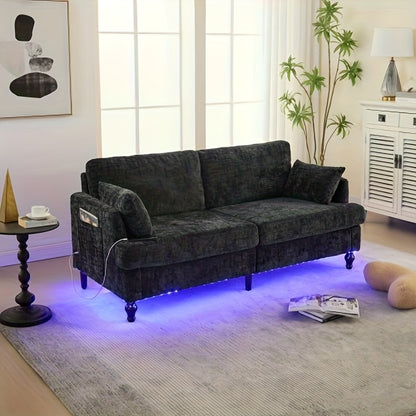 2-Zits Bank – Compacte Sofa – Tweezits Fauteuil – Loveseat – Zithoek – Chenille Bekleding – Stevige Houten Poten – Met Opbergzak – Zwart – Ruimtebesparend Design