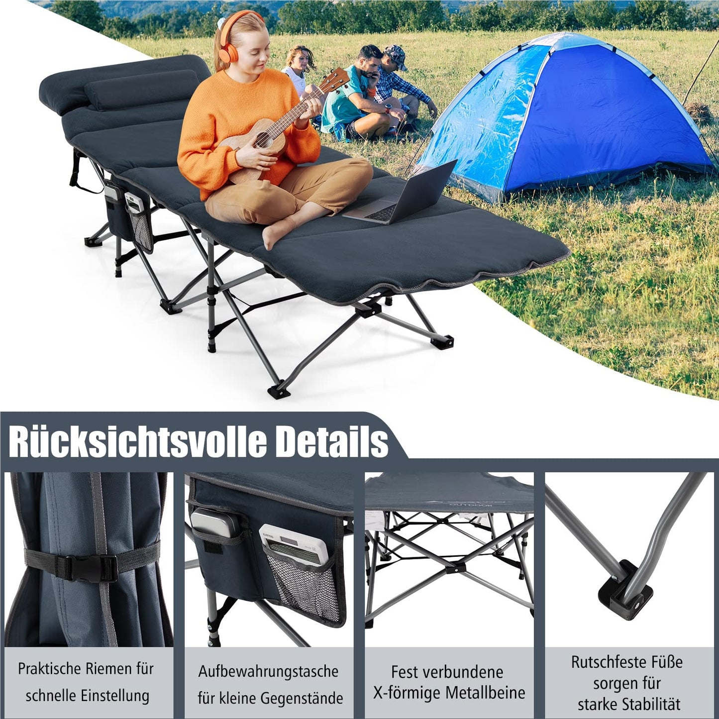Opvouwbaar Campingbed – Veldbed – Outdoor Bed – Strandbed – Draagbaar Bed – Inclusief Matras En Kussen – Stevige Metalen Frame – Maximaal 150 Kg Belastbaar