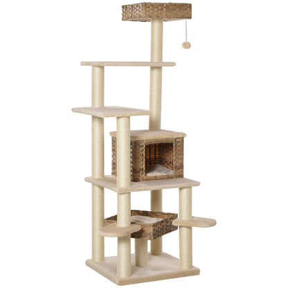 Krabpaal – Kattenboom – Kattenhuis – Krabmeubel – Kattentoren – Meerlaags Met Sisal En Kattenhol – Stevig E1 MDF 174 cm Hoog – Beige Bruin