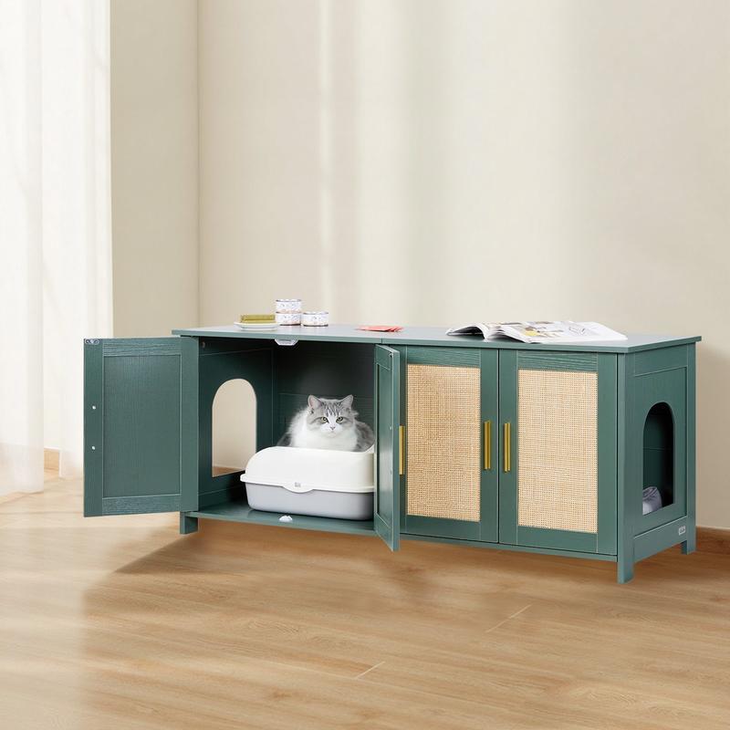 Krabpaalhuis – Krabpaal – Kattenhuis – Kattenspeelhuis – Kattenkast – Groot Modern Kattenhuis Met Rietdeuren – Verborgen Kattenbak En Ventilatiesysteem – Stevig Vezelplaat, Ruimtebesparend 120x45x50 cm
