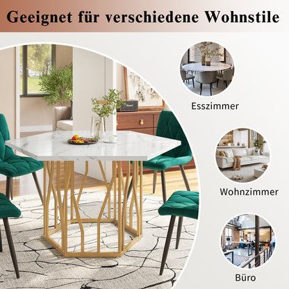 BTM Modern Hexagon Dining Table 115.5×100×75 cm, Marble-Look MDF Tabletop, Geometric Design Kitchen Table for Living Room & Kitchen, Golden