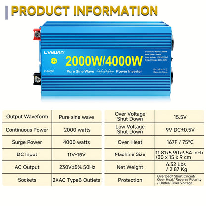 Pure Sine Wave Omvormer – Stroomomzetter – Car Inverter – 12V DC naar 220V AC – Mobiele Spanningsomvormer – 4000W Continu Vermogen – LCD Display