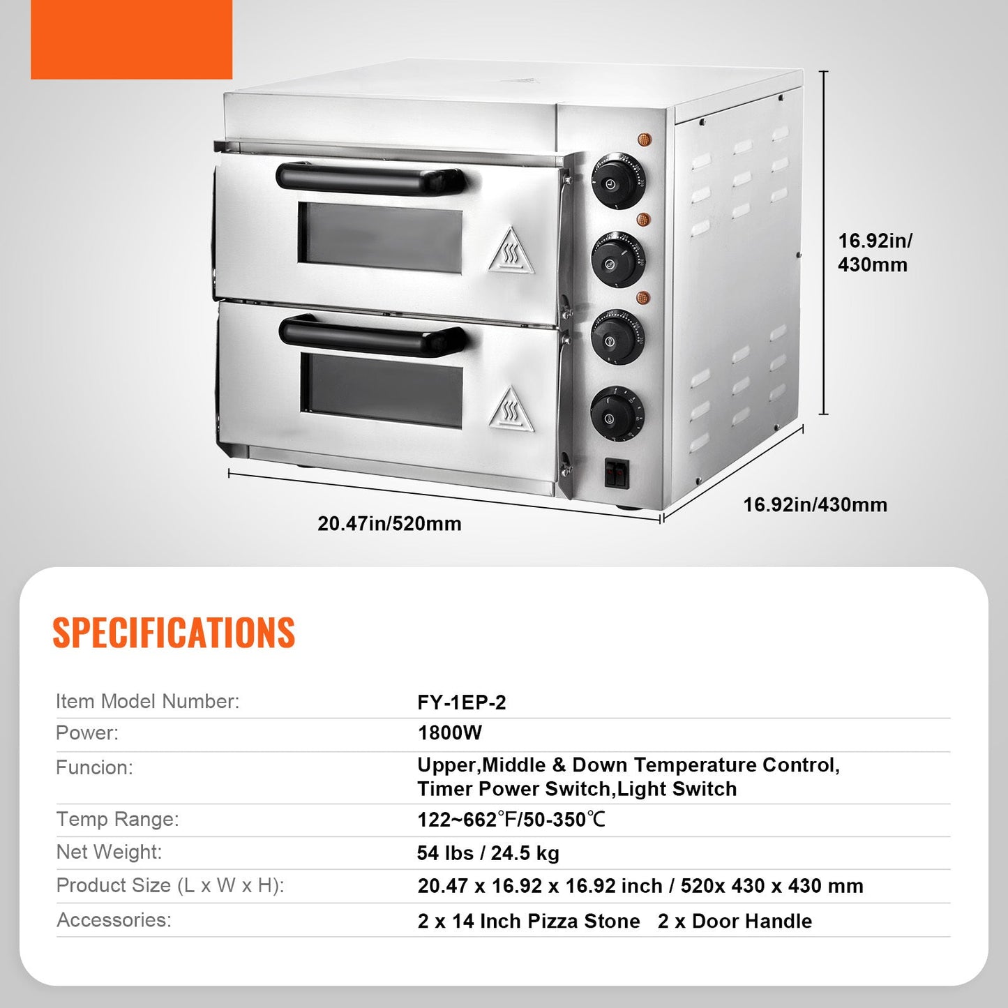 Pizzaoven – Elektrische Oven – Pizzamaker – Gourmetoven – Bakoven – RVS Roestvrij Staal – 356 mm Bakoppervlak – Vier Instelbare Knoppen