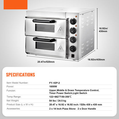 Pizzaoven – Elektrische Oven – Pizzamaker – Gourmetoven – Bakoven – RVS Roestvrij Staal – 356 mm Bakoppervlak – Vier Instelbare Knoppen