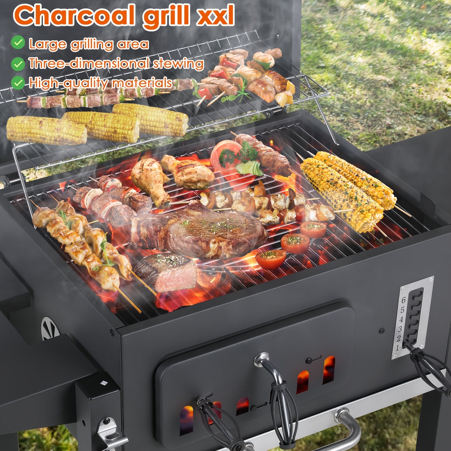 Houtskoolbarbecue – BBQ – Smoker – Kamado – Kogelbarbecue – Groot Grilloppervlak 54x41 cm – Met Deksel en Thermometer – Stevige Kar met Wieltjes – Metaal Grijs