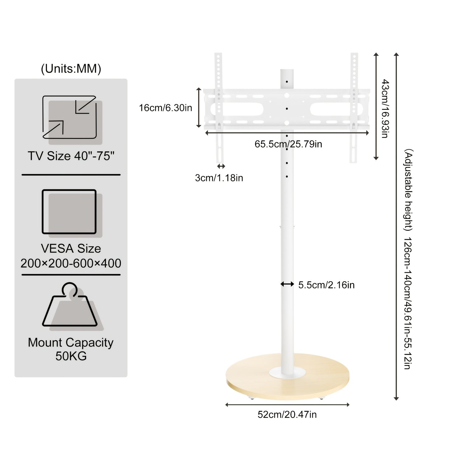 Verstelbare TV-standaard – Mobiele TV-wagen – TV-meubel op wielen – TV-voet – TV-houder – Geschikt voor 40-75 inch – Max. 50 kg draaggewicht – Met extra plank – Maximale VESA 600x400 mm