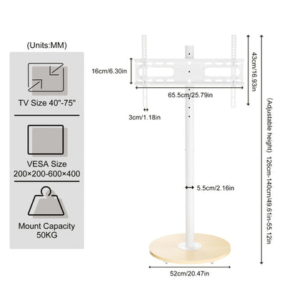 Verstelbare TV-standaard – Mobiele TV-wagen – TV-meubel op wielen – TV-voet – TV-houder – Geschikt voor 40-75 inch – Max. 50 kg draaggewicht – Met extra plank – Maximale VESA 600x400 mm