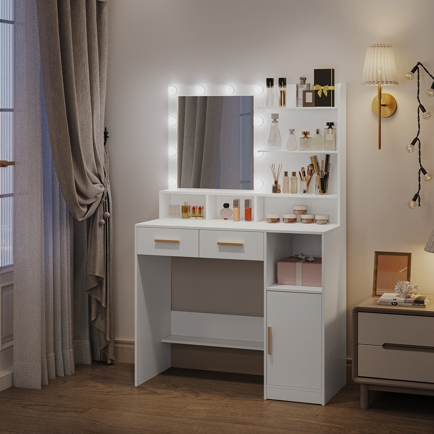 Kaptafel – Make-up Tafel – Vanity – Dressing Table – Cosmeticatafel – Met Spiegel en 10 LED Lampen – Verstelbare Helderheid – 2 Lades & 1 Kast – 3 Planken & 4 Open Vakken – Wit – MDF