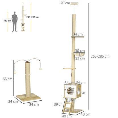 Kattenkrabpaal – Krabmeubel – Kattenboom – Klimpaal – Speelpaal – Verstelbare Hoogte 225-285 cm – Compleet Met Nestje En Hangmat – Set Van 2 Beige