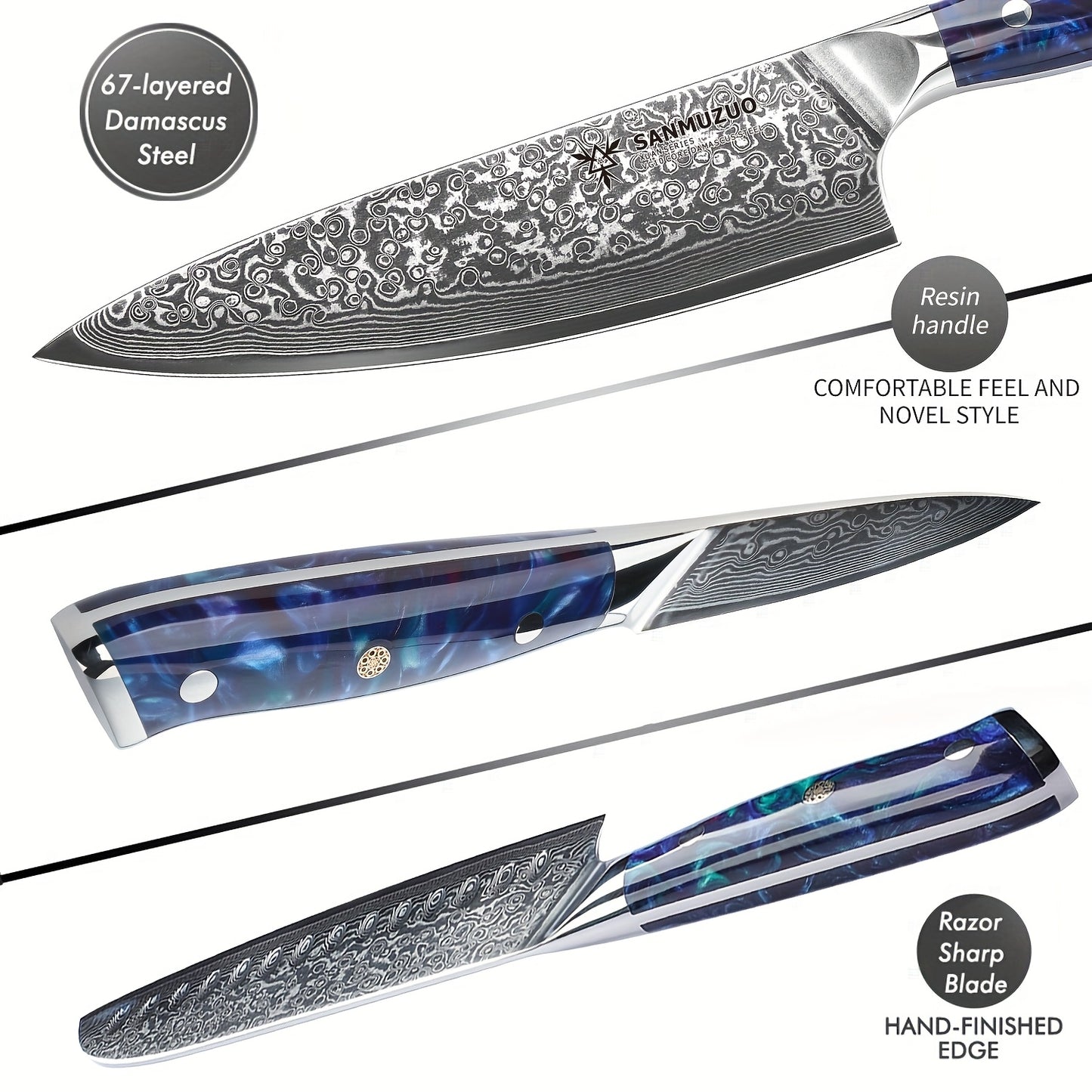Koksmesset – Messenset – Broodmes – Santokumes – Schilmes – Groen Resin Handvat – VG10 Damascus Staal – 5-delige Set