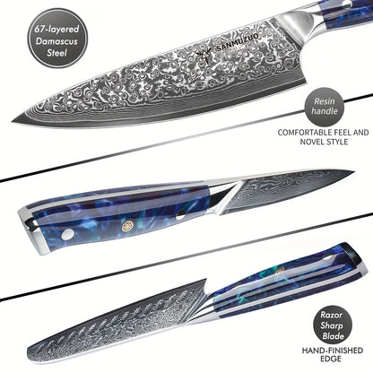 Koksmesset – Messenset – Broodmes – Santokumes – Schilmes – Groen Resin Handvat – VG10 Damascus Staal – 5-delige Set