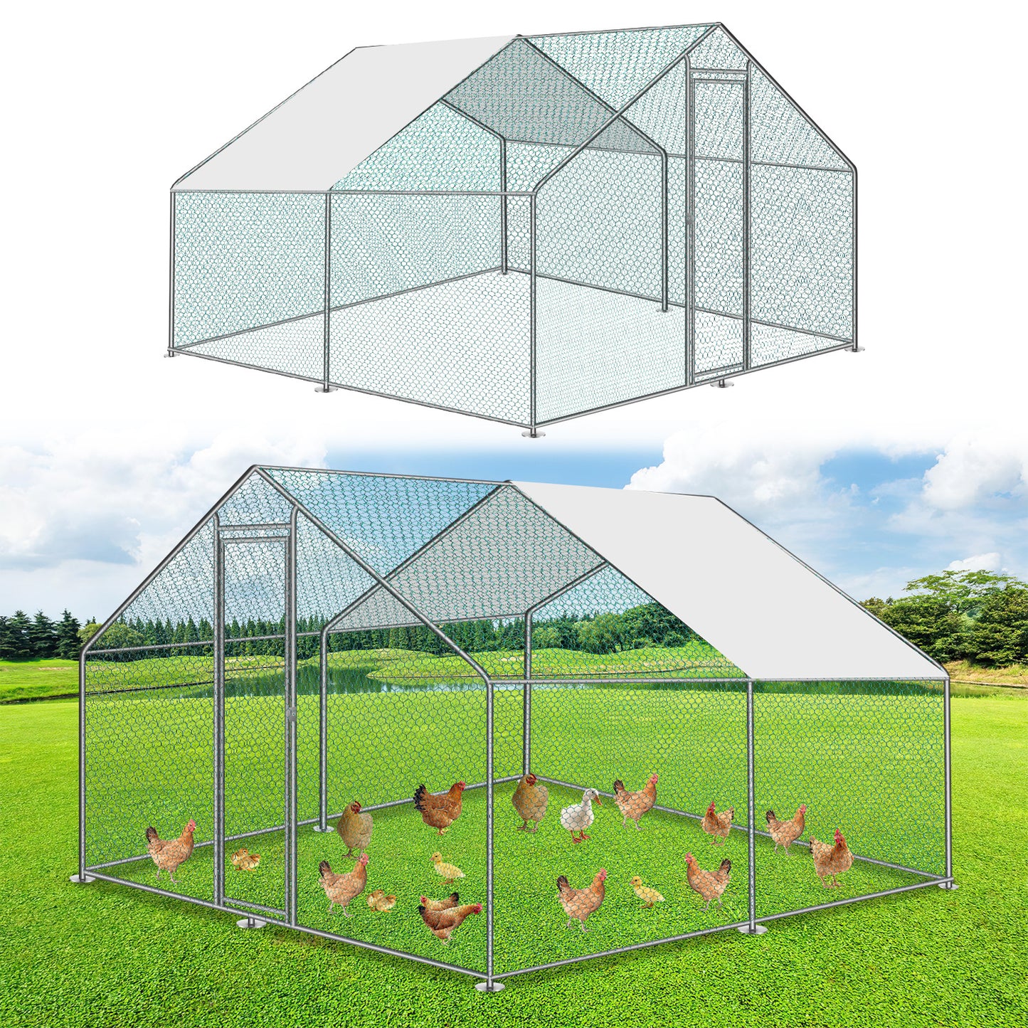 Outdoor Pen Chick Coop PE Roof (Polyethylene Roof) Chicken Cage Chicken Coop Outdoor Enclosure Rabbit Cage Aviary Free-Range Stable Enclosure for Poultry Waterproof Animal Run for Chickens Cages Galvanized Chicken House Rabbi