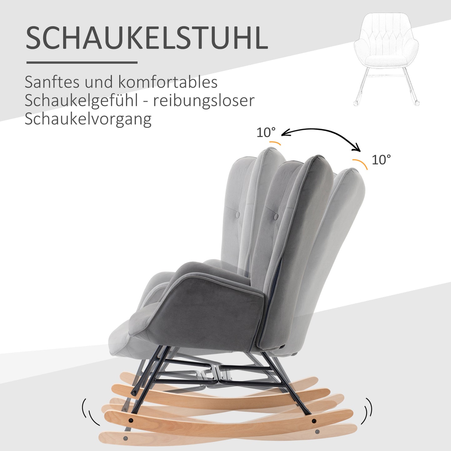 Schommelstoel – Schommelstoel Met Bekleding – Relaxstoel – Loungestoel – Houten Frame – Donkergrijs Met Fluweel – Robuust Tot 150 Kg – Handmatig Zonder Elektriciteit