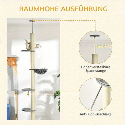 Extra Tall Modern Cat Tree Tower with Ceiling-Mounted Hammock & Scratching Post - Multi-Level Cat Furniture with Sturdy Base, Space-Saving Vertical Design for Large Cats, Easy Assembly, Grey & Cream White - Ideal for Apartmen