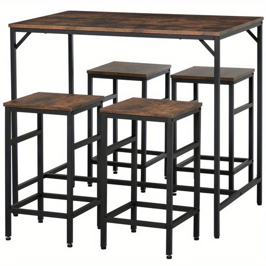 Bartafelset – Barset – Bistroset – Barkrukset – Eettafelset – Ruimtebesparend Ontwerp – Melamine Tafelblad & Stalen Frame – Rustic Bruin/Zwart – 4 Inklapbare Krukken