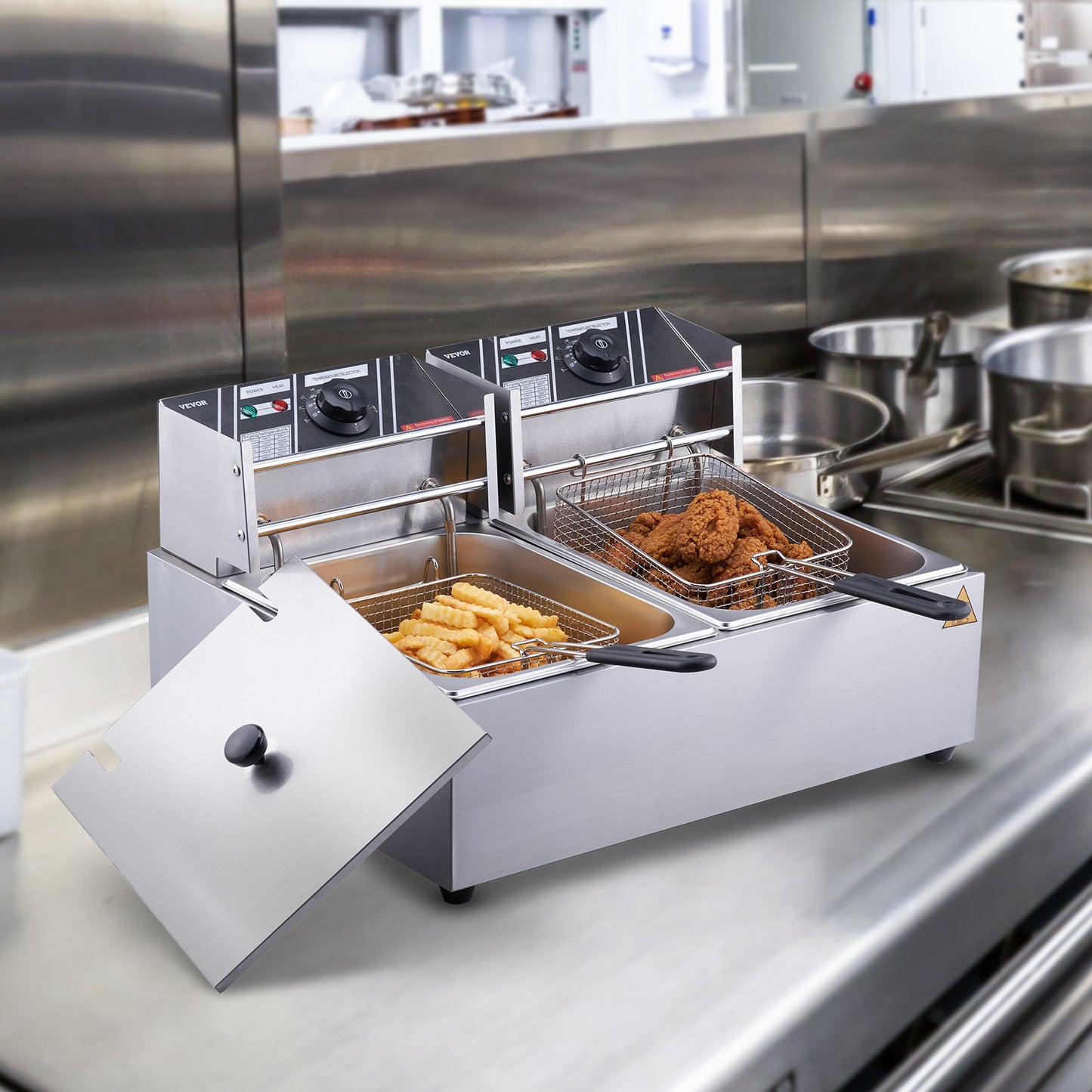 Friteuse – Frituurpan – Elektrische Friteuse – Dubbele Frituurpan – RVS Behuizing – 2 x 6 Liter – 2 x 1500W Verwarmingselementen