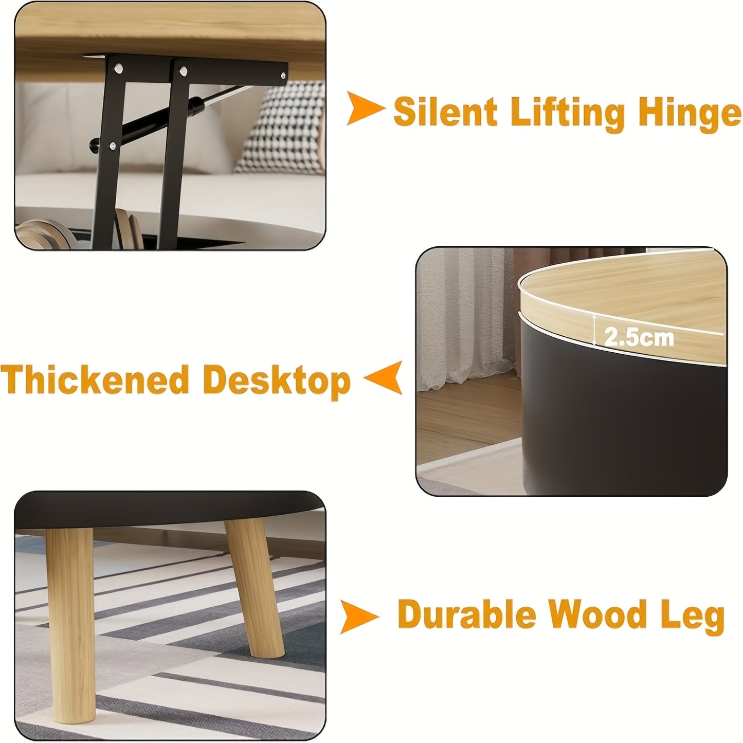 Salontafel – Woonkamertafel – Bijzettafel – Koffietafel – Rond – Verstelbaar Opklapbaar Tafelblad – Verborgen Opbergruimte – Hout en Zwart