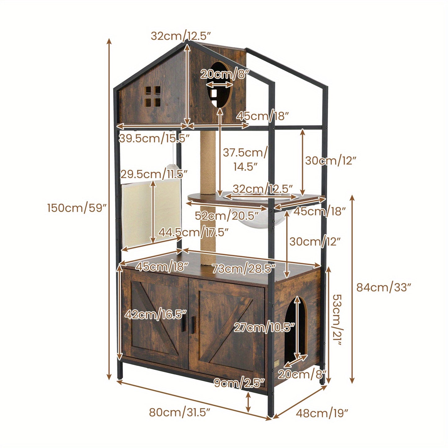 Kattentoren – Krabpaal – Kattenhuis – Kattenmeubel – Kattenbakmeubel – Ingebouwde Kattenbak – Ventilatieopeningen – Stevig Metaal & Jute – Rustic Brown/Black
