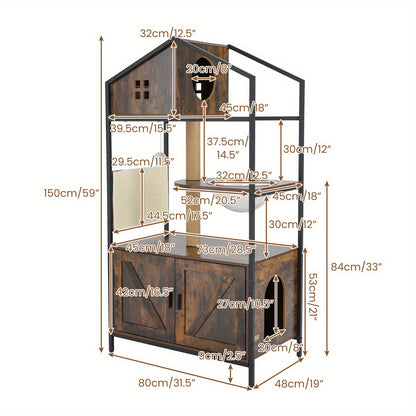 Kattentoren – Krabpaal – Kattenhuis – Kattenmeubel – Kattenbakmeubel – Ingebouwde Kattenbak – Ventilatieopeningen – Stevig Metaal & Jute – Rustic Brown/Black