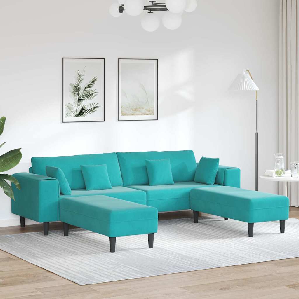 Velvet Bank – Zitbank – Hoekbank – Slaapbank – Loungebank – Turquoise Met Ottoman – Zachte Velvet Bekleding – Stevig Houten Frame