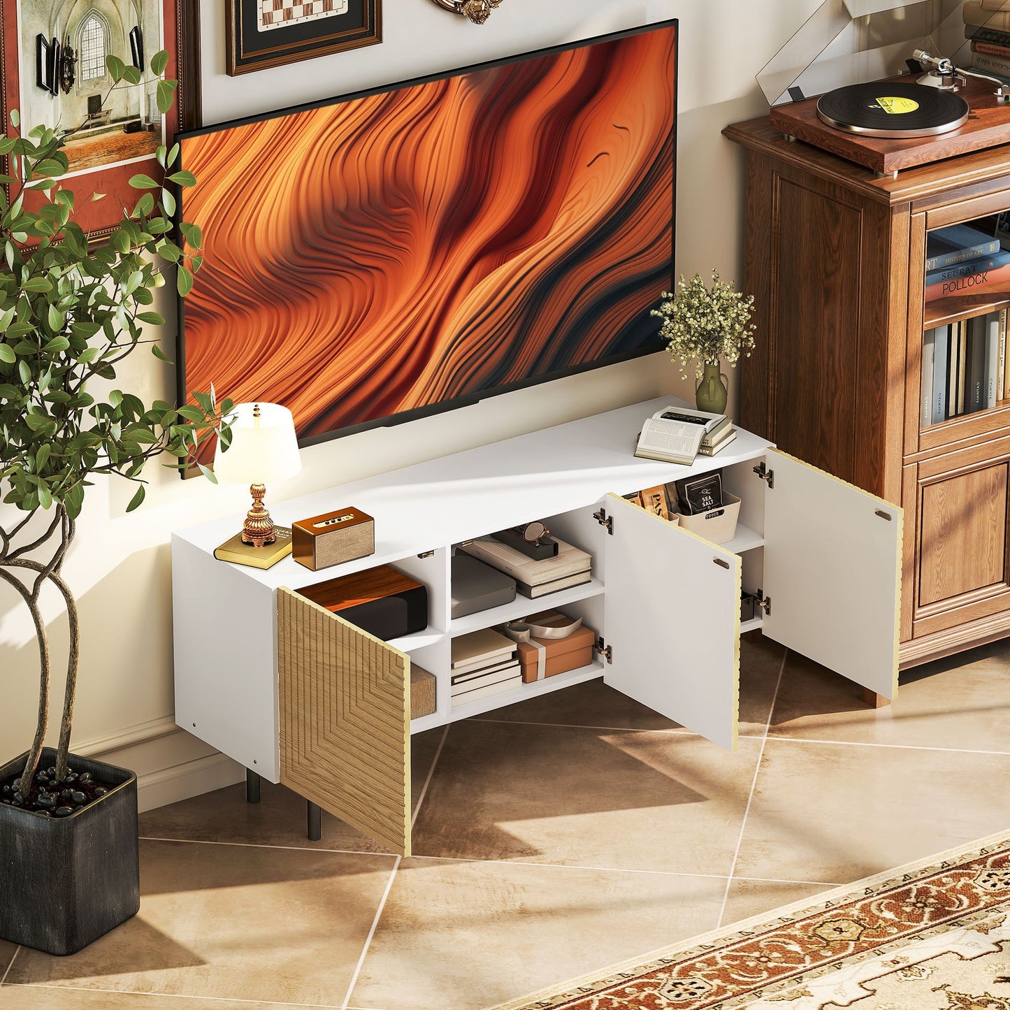 HOMCOM TV Stand Wooden TV Cabinet for Tvs Up to 65 Inches with Cane-Door Cabinets And Cable Pass-Through for Living Room Bedroom, Natural Wood Effect