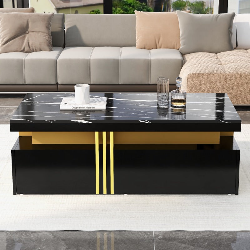 Moderne Salontafel – Koffietafel – Bijzettafel – Nachtkastje – Side Table – Marmerlook Hoogglans – 100x50x40 cm – 2 Lades & Metalen Frame